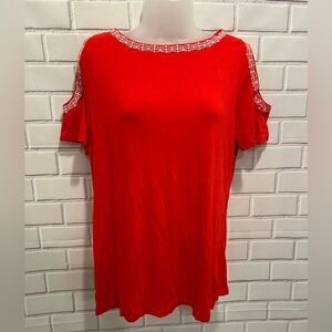 LIZ CLAIBORNE women short sleeve could shoulder embroidered top/size L